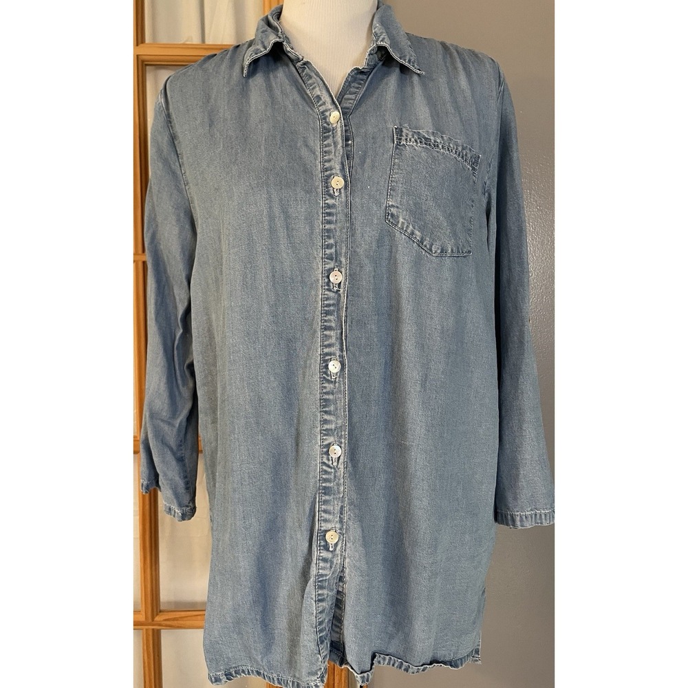 T&W Designs Tencel Button Shirt Womens Sz L Blue High Low Lightweight Classic
